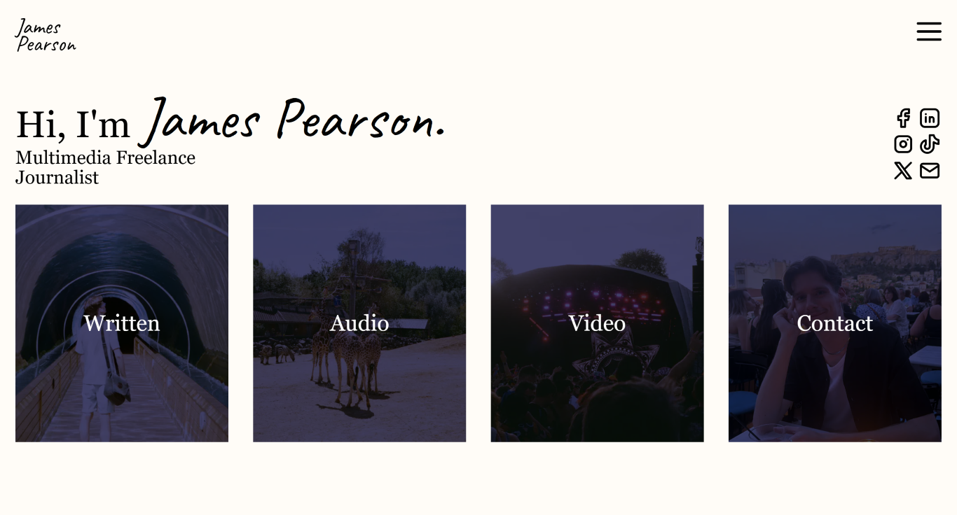 Off White paperlike journalism website featuring 4 large image buttons